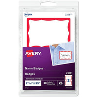 Avery Removable Name Badge Labels with Red Border, 2-11/32" x 3-3/8", 30 Pack (2358)-Create professional-looking badges for identifying everyone at meetings and conferences. These versatile Red Border Print or Write Name Badge Labels let you add graphics, hand write names or both. Free, and Easy-to-use Avery® Design and Print Online software helps you design name tags, add a company logo or a specialized greeting.
