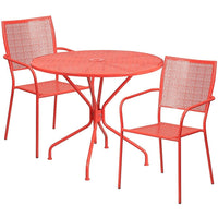 35.25'' Round Coral Indoor-Outdoor Steel Patio Table Set with 2 Square Back Chairs [CO-35RD-02CHR2-RED-GG]-Set Includes Table and 2 Chairs