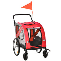 Aosom - Remorque de vélo pour chien 2-en-1, poussette pour animal de compagnie pour voyage avec roue universelle, réflecteurs, drapeau, rouge-Conception 2-en-1 pouvant être utilisée comme remorque et poussette pour animaux 