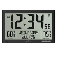 Marathon Slim Atomic Full Calendar Clock with Extra Large Digits and Indoor/Outdoor Temperature - Black-Clock Color + Material: Black Plastic