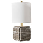 Hudson&Canal Pacha 16" Tall Stone Table Lamp with Fabric Shade - Grey Veined Travertine-Rated for one 60W incandescent bulb - 9W LED bulb, 13W fluorescent (CFL) bulb, or 9W self-ballasted LED bulb, E26-base bulb, Bulb not included