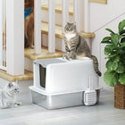 PawHut - Bac à litière pour chat en acier inoxydable avec couvercle amovible et pelle - blanc-Design semi-ouvert pour les chats qui aiment les espaces ouverts 