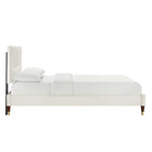Modway - Yasmine Lit plateforme complet en velours haute performance avec capitonnage vertical et pieds en bois et Manchons en métal doré - Blanc-Poutre centrale renforcée