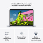 Apple - MacBook Air 13 po - M5 - 10 coeurs - 1 To SSD - Mémoire unifiée 24 Go - Minuit-Caméra Center Stage 12 MPX - Pendant vos appels vidéo, restez automatiquement au milieu de l’image avec Cadrage centré ou utilisez Vue du bureau pour partager un plan en plongée de votre espace de travail. Et profitez d’un son incroyable grâce à un réseau de trois micros et un système à quatre haut-parleurs avec Audio spatial et Dolby Atmos