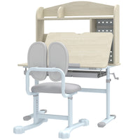 Qaba Height Adjustable Children Study Table and Chair Set with Tiltable Desktop, Drawer and Shelves - Grey-Adjustable desk and chair height grows with your child from 3-12 