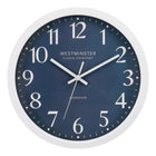 Monarch Specialties 9116 12" Round Wall Clock - Blue Face/White Frame-Elevate your home decor with this 12" round wall clock featuring a stylish blue face and a striking white frame, perfect for any contemporary space