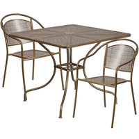 Table de jardin carrée or en acier de 35,5 po, 2 chaises au dossier rond, intérieur/extérieur [CO-35SQ-03CHR2-GD-GG]-Ensemble comprenant 1 table et 2 chaises
