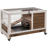 PawHut - Clapier d’intérieur en bois sur roulettes avec enclos, brun - 35,4 po L x 20,9 po l x 23,2 po H-Bois de sapin massif avec salon, enclos arrière, rampe et porte 