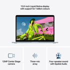 Apple MacBook Air 13" - M5 - 10-core CPU - 1 TB SSD - 24 GB Unified Memory - Sky Blue-12MP Center Stage Camera - Automatically stay in frame during video calls with Center Stage, or share a top-down view of your workspace with Desk View. And with a three-mic array and four-speaker sound system with Spatial Audio and Dolby Atmos, everything sounds great