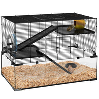 PawHut - Cage avec Bassin en Verre pour Petits Hamsters - Noir-Trois niveaux pour beaucoup d’espace