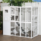 PawHut 76.8" L Large Wooden Outdoor Cat House with Run - White-Large run allows two cats to play in at the same time 