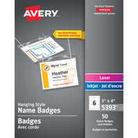 Avery Convention Style Laser/Inkjet Name Badge Kit - 3" x 4" - 50 Pack-Convention / Hanging Style