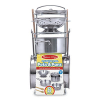 Melissa & Doug Jouons à la maison ! Ensemble de casseroles et poêles en acier inoxydable -Comprend une passoire, une marmite avec couvercle, 2 poêles, 2 ustensiles en bois et une grille
