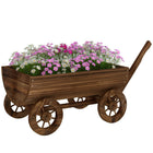 Outsunny Wooden Wagon Planter Box with 4 Wheels & Handle-Features a rustic wheelbarrow design, adding vintage charm to your garden
