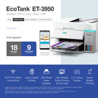 Epson EcoTank ET-3950 Wireless All-in-One Colour Supertank Printer – White-Advanced productivity features: Fast 18 black/9 colour ISO ppm print speeds with zero warmup time, an Auto Document Feeder, a high-capacity 250-sheet paper tray, auto duplex printing, copying and scanning, and a 2.4" colour display for easy navigation