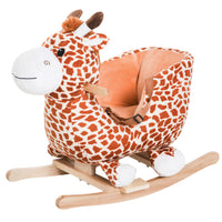 Qaba - Cheval à bascule pour bébé, design girafe, chaise à bascule en peluche - brun-Base incurvée en bois massif pour se balancer doucement et en douceur d'avant en arrière 
