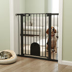 PawHut 30"-41" Extra Wide Pet Gate Barrier with Small Door - 35"H - Black-Equipped with a small door, convenient for pets to pass