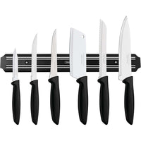 Tramontina - Ensemble de 7 couteaux Plenus en acier inoxydable avec manches noirs en polypropylène-Ensemble comprend : 1x couteau à légumes de 3", 1x couteau à steak de 5", 1x couteau à désosser de 5", 1x couperet de 5", 1x couteau utilitaire de 7", 1x couteau de chef de 7" et 1x support magnétique