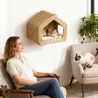 PawHut Wall Mounted Cat House Shelf with Washable Cushion - Natural-Strong frame securely supports cats up to 12 lbs. (6 kg) for safe play 