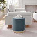 Modway Tilden 16" Round Performance Velvet Upholstered Ottoman - Cadet Blue/Natural-Rubberwood Plinth Base