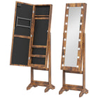 HOMCOM Mirror Jewelry Cabinet with LED Lights - 14.25" L x 11.75" W x 53.5" H - Rustic Brown-Solid MDF construction in white finish, black lining for protecting jewelries from scratch 