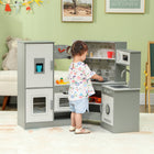 Qaba Corner Kids Kitchen Playset with Lights & Sounds - Grey-Toy clock on the play kitchen helps children learn to tell time 