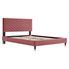 Modway Roxanne Performance Velvet Queen Platform Bed with Wood Legs and Gold Metal Sleeves - Dusty Rose-Vintage Modern Queen Bed
