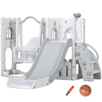 Qaba 6-in-1 Slide and Swing Set with Basketball Hoop, Climber - Grey-6-in-1 design includes slide, swing, climber, storage, telescope, basketball hoop 