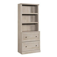 Sauder Bookcase with Drawers - Chalked Chestnut-Multi-room storage: this functional bookcase with drawers can meet your storage needs in a variety of rooms: living room, laundry, kitchen, craft, or bathroom