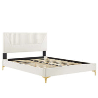 Modway Yasmine Channel Tufted Performance Velvet Full Platform Bed with Gold Metal Legs - White-Full Platform Bed