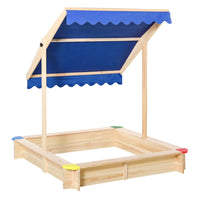 Outsunny - Bac à sable carré en bois avec couvercle pour enfants - 120 x 120 cm - Naturel-La hauteur et l'angle de l'auvent peuvent être réglés à l'aide du bouton, pour apporter de l'ombre aux enfants pendant les jours d'été 