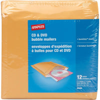Staples − Enveloppe à bulles matelassée QuickStrip en papier kraft pour CD/DVD − 7 1/4 po x 6 3/4 po − paquet de 12-Enveloppe d’expédition pour CD/DVD