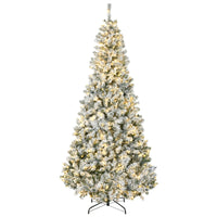 HOMCOM 7.5' Pre-Lit Snow-Flocked Artificial Christmas Tree - Green-7.5ft tall, lushes with wide leaves, providing a healthy, natural look 