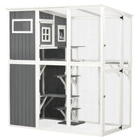 PawHut 66.5"L Outdoor Wooden Catio Walk-in Cat House with Jump Platforms - White-Outside cat enclosure houses 2 cats (up to 10kg (20 lbs) for each) 