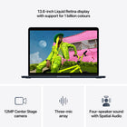 Apple MacBook Air 13" - M5 - 10-core CPU - 1 TB SSD - 16 GB Unified Memory - Midnight - French-12MP Center Stage Camera - Automatically stay in frame during video calls with Center Stage, or share a top-down view of your workspace with Desk View. And with a three-mic array and four-speaker sound system with Spatial Audio and Dolby Atmos, everything sounds great