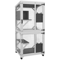 PawHut 31.5" L Outdoor Large Catio Cat House with Wheels and Resting Box - White/Grey-Wooden cat enclosure houses 1-3 cats 