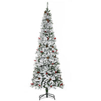 HOMCOM 7.5' Snow-Flocked Pencil Artificial Christmas Tree with Auto Open - Green-Lush pine tree shape with pine cones and red berries for a healthy, natural look 