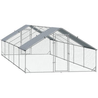 PawHut Galvanized Large Chicken Coop Cage Walk-in Enclosure - 9.8' x 32.8' x 6.4' - Silver-Suitable for raising chickens, rabbits, ducks, and other animals 