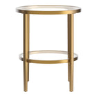Hudson&Canal Hera 20"W Round Side Table with Glass Shelf - Antique Brass-Features a tempered glass top and shelf