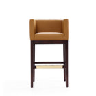 Manhattan Comfort Kingsley 21" Mid-Century Modern Faux Leather Upholstered Bar Stool - Camel and Dark Walnut - 3 Pack-Square Tight Back and Arm Design
