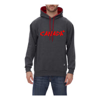 Cool Canuck - sweatshirt à capuche gris avec broderie rouge Canada, taille L-Col, poignets et ceinture en côtes 2 x 1, coutures à double aiguille