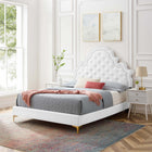 Modway Gwyneth Tufted Performance Velvet Full Platform Bed with Gold Metal Legs - White-Wood Slat Support System