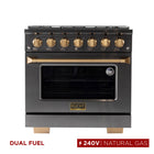 Kucht 36" KED Series Pro Style Dual Fuel Range - Gemstone-6 burner range includes one 20,000 BTU dual burner with simmer, one 15,000 BTU burner, one 12,000 BTU burner, two 9,000 BTU burners and one 6,000 BTU