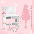 Qaba Kids Vanity and Dressing Table with Tri-Folding Mirror, Stool and Storage Shelf - White-Storage shelf organizes makeup brushes and essentials neatly 