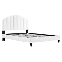 Modway Daisy Performance Velvet Queen Platform Bed with Wood Legs and Gold Metal Sleeves - White-Vintage Modern Queen Bed