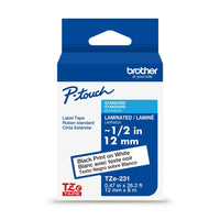 Brother Laminated Tape for P-touch Label Maker - 12 mm - Black Print on White Label-Black on white laminated TZe 12 mm tape for use with Brother P-touch label makers