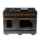 Kucht - 48 po Série KED style professionnel à double combustible, prête pour le propane - Gemstone-Cuisinez et pâtissez comme un professionnel grâce à deux fours séparés avec grandes fenêtres de four : le four principal en porcelaine bleue robuste offre 4,2 pi³ de capacité, tandis que le four latéral additionnel dispose de 2,5 pi³