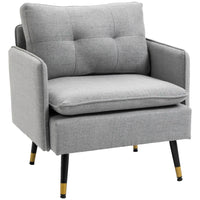 HOMCOM - Fauteuil d’appoint moderne avec large assise - pieds en acier - capitonné à boutons pour chambre - gris-Style moderne avec dossier capitonné complété par des pieds noirs et dorés 
