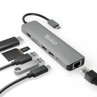 Plugable 7 in 1 USB-C Hub Adapter with Ethernet-7-in-1 Expansion—Transform a single USB C or Thunderbolt port into a 7-in-1 USB-C hub with 2x USB 3.0 ports, 1x 4K HDMI, 1x Gigabit Ethernet port, 1x SD card reader, 1x microSD card slot, and 1x USB-C Power Delivery charging port