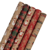 JAM Paper Kraft Wrapping Paper Rolls Christmas Set, 125 sq ft., 5 Pack (165K5KRCHR)-Design: Kraft Christmas Set